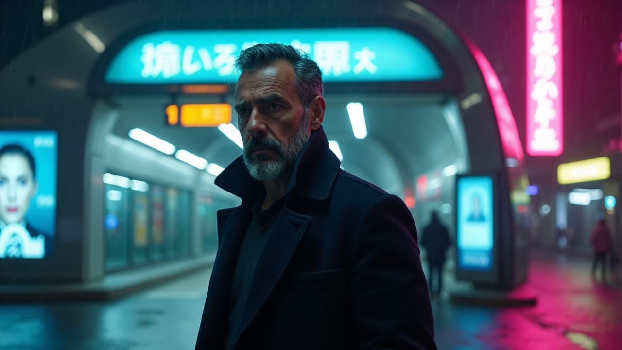 Fotograma cinematográfico de un hombre con barba y abrigo oscuro en una estación lluviosa iluminada con neones, generado en local con FLUX